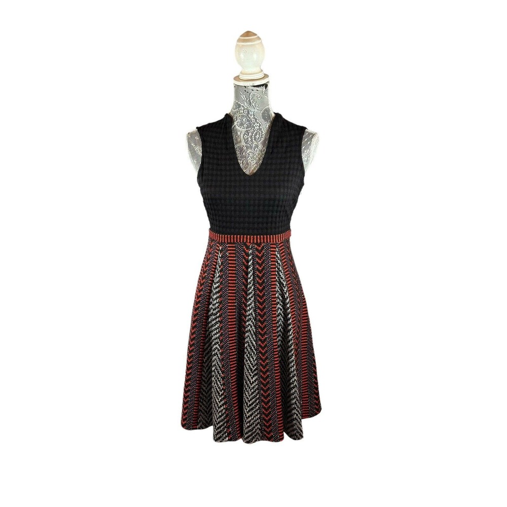 Maeve Anthropologie Carolina Fit Flare Red Black Dress Knit Tribal Hipster Sz 2